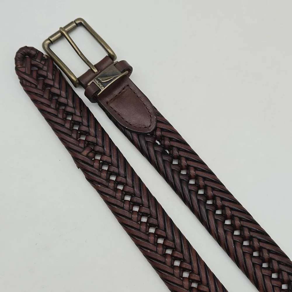 Nautica Braided Belt Brown Leather Mens 34 Bronze Buckle New